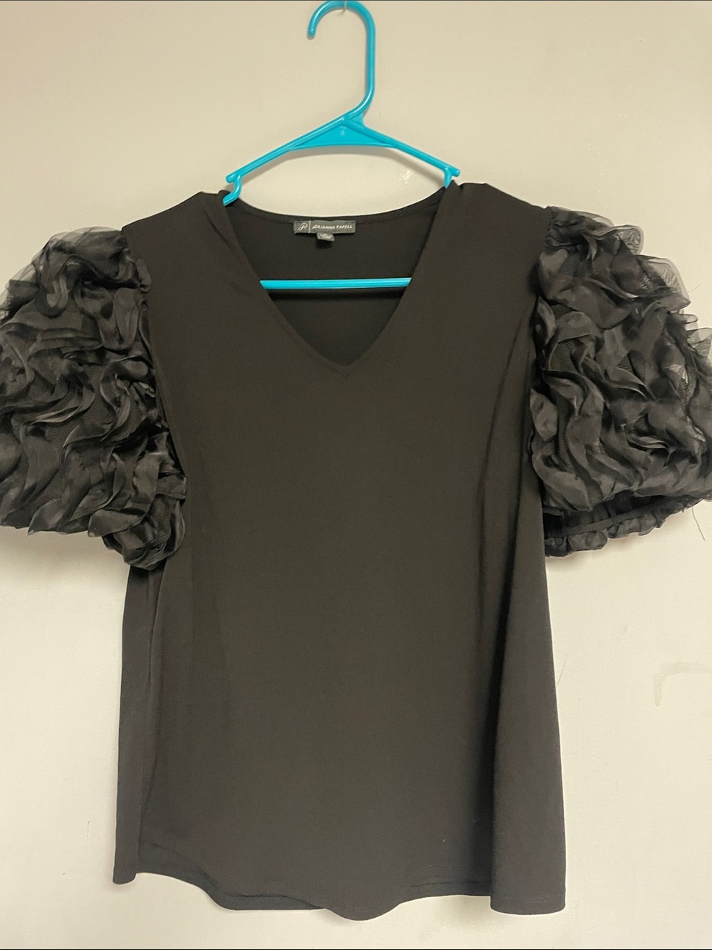 Adrianna Papell Black V-Neck Top with Chiffon Puff Sleeves